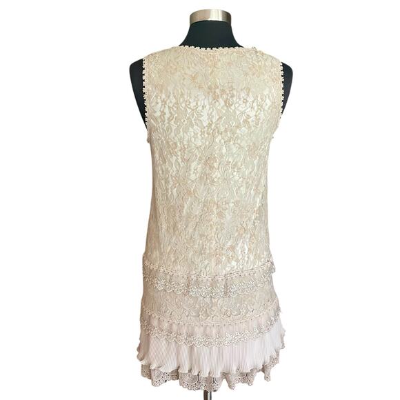 Vertigo Paris Taupe Beige Sheath Dress Tiered Lace Sleeveless MED Fairy Boho - Picture 7 of 9
